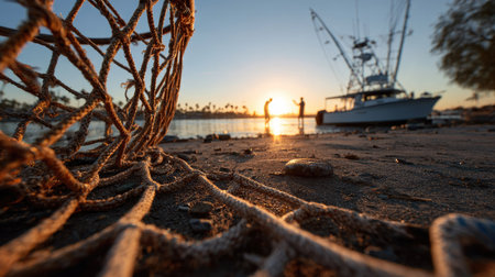 A serene sunset scene featuring silhouetted fishermen casting their lines beside a fishing boat. A fishing net lies on the sandy beach, capturing the moment's tranquility.の素材