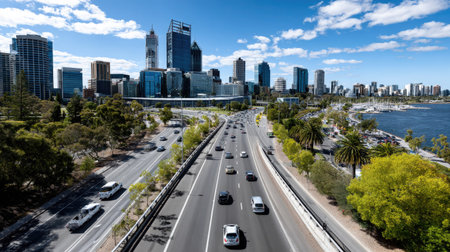 A vibrant urban scene showcasing the cityscape of Perth with busy traffic on the expressway, surrounded by modern skyscrapers and lush greenery under a blue sky.の素材