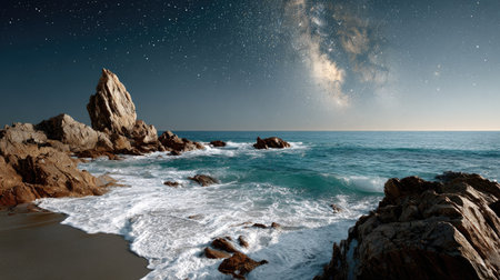 A breathtaking view of a serene beach at night, featuring crashing waves against rugged rocks under a starry sky, showcasing the enchanting Milky Way.の素材