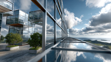 This stunning image showcases a modern architectural design featuring sleek glass facades. The serene landscape is complemented by lush greenery and a picturesque sky, creating a harmonious blend of nature and contemporary style.の素材