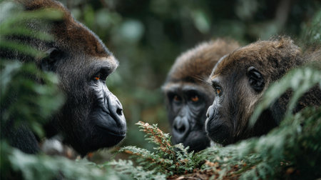 A captivating scene featuring three gorillas in a meaningful gaze, surrounded by vibrant greenery. This image highlights their natural habitat and fosters appreciation for wildlife.の素材