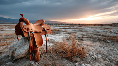 A beautiful western saddle rests on rocky ground, with a stunning sunset illuminating the sky, creating a tranquil outdoor scene. Perfect for equestrian themes.の素材