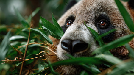 A stunning close-up portrait of a bear resting among vibrant green leaves in a natural forest. The image highlights the serene expression and detailed fur of this magnificent wildlife creature.の素材