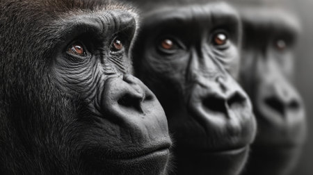 This captivating image features three close-up portraits of gorillas, highlighting their unique facial expressions and intricate features. Each face conveys depth and emotion.の素材