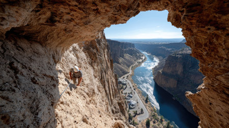 A climber navigates a steep rocky cliff, enjoying breathtaking views of a winding river and canyon under a clear blue sky, capturing the essence of adventure.の素材