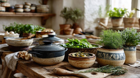 Discover a cozy rustic kitchen scene showcasing vibrant herbs and fresh vegetables elegantly arranged on a wooden table, perfect for cooking inspiration.の素材