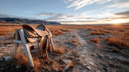 A picturesque view of a rustic saddle resting against a wooden fence, set on the edge of a wide-open prairie at sunset. The warm hues in the sky create a tranquil atmosphere.の素材