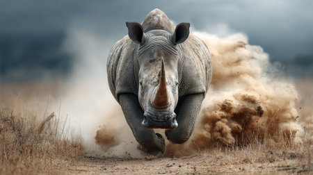 A striking image of a rhinoceros charging forward through a dusty landscape, showcasing the power and intensity of the animal in motion, perfect for wildlife enthusiasts.の素材