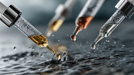 Close-up of glass dropper pipettes releasing colorful liquids into water, creating stunning splashes, perfect for science or beauty concepts.の素材