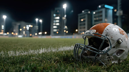 A close-up shot of a dirty American football helmet lying on the grass during a night game, with city lights illuminating the background, showcasing the energy and excitement of sports.の素材