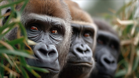 This captivating close-up image features three gorillas observing their surroundings. Their unique expressions and attentive eyes capture the essence of wildlife and the beauty of nature.の素材