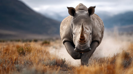 A captivating image of a rhinoceros charging across a dusty landscape, showcasing its immense power and grace in a natural habitat.の素材