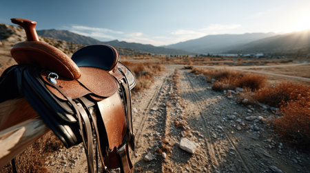 A stunning horse saddle rests on a wooden rail, set against a breathtaking landscape at sunset. The scene evokes adventure and tranquility in nature.の素材