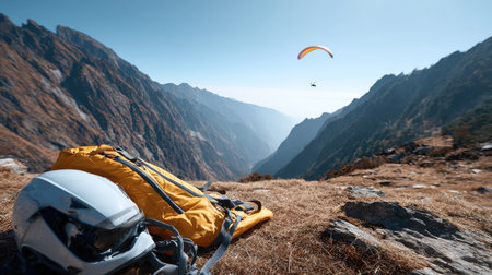 An adventure-ready scene showcasing a vibrant yellow backpack and helmet on rocky terrain. A paraglider soars through the clear skies above majestic mountains, highlighting the thrill of outdoor exploration in a breathtaking landscape.の素材