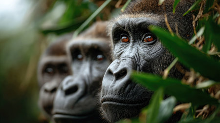 Three gorillas sit close together among vibrant green foliage, displaying their individual expressions and intense gazes while observing their surroundings.の素材