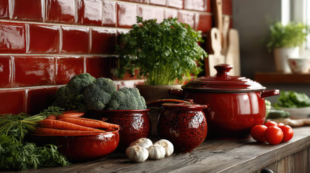 A vibrant still life featuring fresh vegetables and red cookware on a rustic kitchen counter, complemented by lush greenery and a stylish tile background.の素材