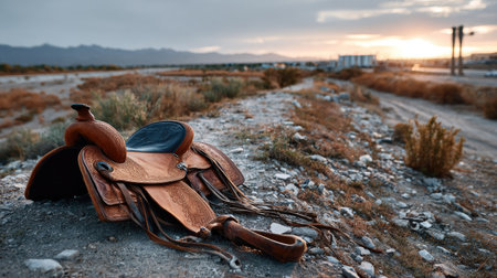 A beautifully crafted rustic Western saddle lies abandoned on a rocky desert landscape at sunset, capturing the essence of adventure and nostalgia.の素材