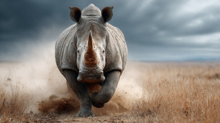 A stunning image of a rhinoceros charging through golden grasslands, showcasing its strength. The dramatic sky adds intensity to the dynamic moment.の素材