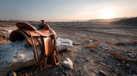 A rustic leather saddle elegantly rests on a large rock in a vast desert landscape, as the sun sets behind distant hills, creating warm sky tones.の素材