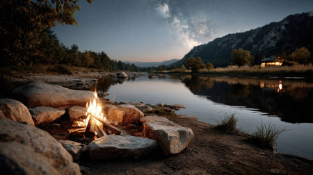 Experience the serene beauty of a campfire beside a calm river, illuminated under a starry sky featuring the Milky Way, showcasing nature's tranquility.の素材