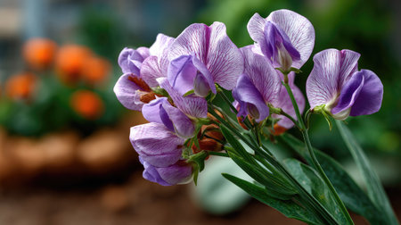 This stunning close-up captures the delicate beauty of purple flowers with intricate petals and lush green leaves, set against a vibrant garden backdrop.の素材
