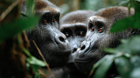 This captivating image features three gorillas in a lush jungle setting, showcasing their expressive faces and intense eyes surrounded by vibrant greenery.の素材