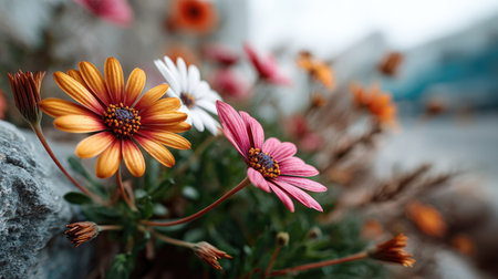 A striking closeup of vibrant flowers in various colors set against a soft blurred background, showcasing natural beauty and tranquility in nature.の素材