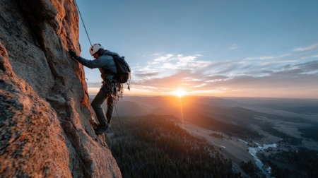 A dedicated rock climber scaling a steep cliff at sunset, showcasing thrilling adventure and breathtaking mountain scenery. Perfect for capturing the essence of outdoor sports.の素材