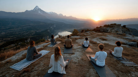 Experience the tranquility of a group meditation session at sunrise in a breathtaking mountain landscape, promoting mindfulness and inner peace.の素材