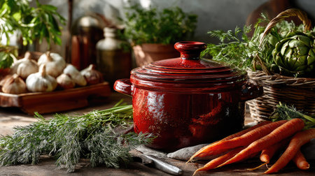 A vibrant still life featuring a red cooking pot on a rustic wooden table, surrounded by fresh vegetables, herbs, and kitchen ingredients, creating a warm culinary atmosphere.の素材