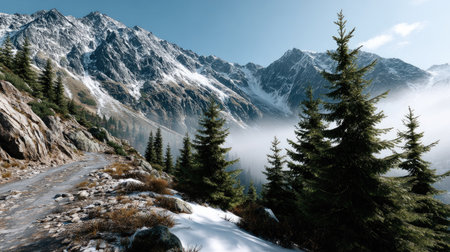 A breathtaking mountain landscape featuring snowy peaks and lush evergreen trees under a clear blue sky. Perfect for nature lovers and outdoor enthusiasts.の素材