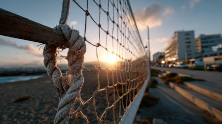A detailed view of a volleyball net with a sunset backdrop, blending urban life with the serene beach environment. Ideal for beach and sports themes.の素材