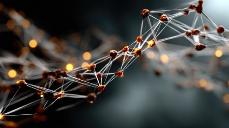 This abstract image captures the essence of digital connections with intertwining strands and nodes, symbolizing innovation and technology.の素材