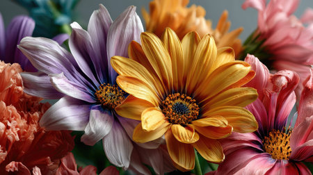 A stunning bouquet featuring a variety of colorful flowers, showcasing vibrant petals and natural elegance, perfect for decoration and inspiration.の素材