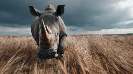 A stunning close-up of a rhinoceros walking through tall grass under a dramatic, cloudy sky, showcasing the beauty of wildlife and nature.の素材