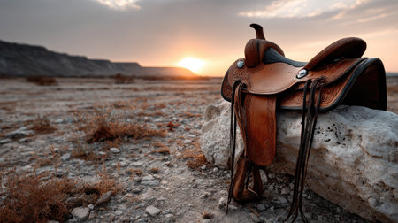 A rustic Western saddle rests on a rock in a stunning desert landscape, illuminated by a warm sunset. The dramatic sky adds depth to this serene scene, perfect for capturing nature's beauty.の素材