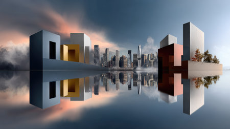 A stunning modern city skyline featuring abstract buildings mirrored in calm water, creating a peaceful atmosphere and showcasing unique architectural design.の素材