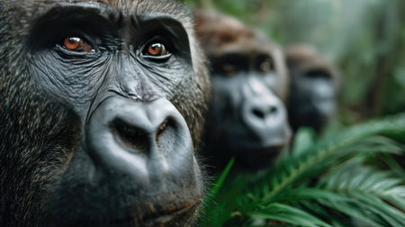 This striking close-up showcases a gorilla's expressive face, capturing the essence of wildlife in its lush natural habitat with vivid greenery all around.の素材