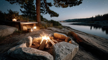 A serene campsite features a glowing campfire surrounded by large rocks, set against a tranquil water view and a starry night sky. Perfect for outdoor enthusiasts.の素材