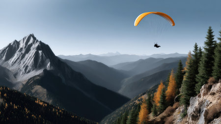 A solitary paraglider gracefully ascends above stunning mountain ranges during autumn, surrounded by vibrant foliage and a clear blue sky, capturing the essence of adventure.の素材