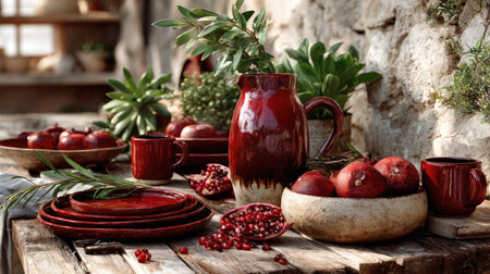 This picturesque rustic table setting features red ceramics and fresh pomegranates, creating an inviting natural atmosphere rich in warmth and elegance.の素材