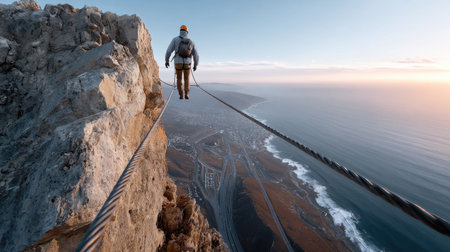 A daring adventurer navigates a high rope suspended over breathtaking cliffs, capturing the beauty of nature and thrill of balance against ocean waves and sunset.の素材