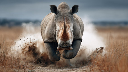 A breathtaking image of a rhinoceros charging through a dry grassland, surrounded by clouds of dust. This powerful animal showcases the raw beauty of wildlife in its natural environment, emphasizing the need for conservation efforts.の素材