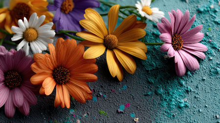A vibrant arrangement of colorful daisies in various shades scattered across a textured background, creating a lively and artistic composition.の素材