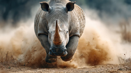 A striking image of a powerful rhinoceros charging through a dusty terrain, showcasing its strength and majesty in a natural savanna setting.の素材