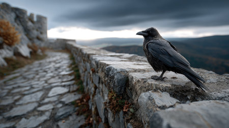 A solitary raven perched on a weathered stone wall, surrounded by a breathtaking view of mountains and dramatic clouds, capturing the essence of nature's beauty.の素材