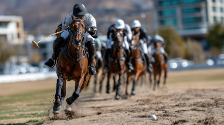 A thrilling horse polo match unfolds on a sunny day, showcasing skilled players racing forward on their powerful steeds in perfect unison.の素材