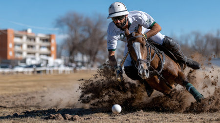 An energetic polo player executes a dynamic move on horseback, showcasing skill and speed during a lively match on a sunlit field.の素材
