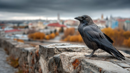 A striking image of a black bird, reminiscent of a raven, perched elegantly on a stone wall. The background features an urban landscape under a dramatic sky, capturing the essence of nature in the city.の素材