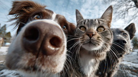 A captivating close-up image featuring dogs and a cat, highlighting their playful expressions and unique features in an outdoor setting.の素材